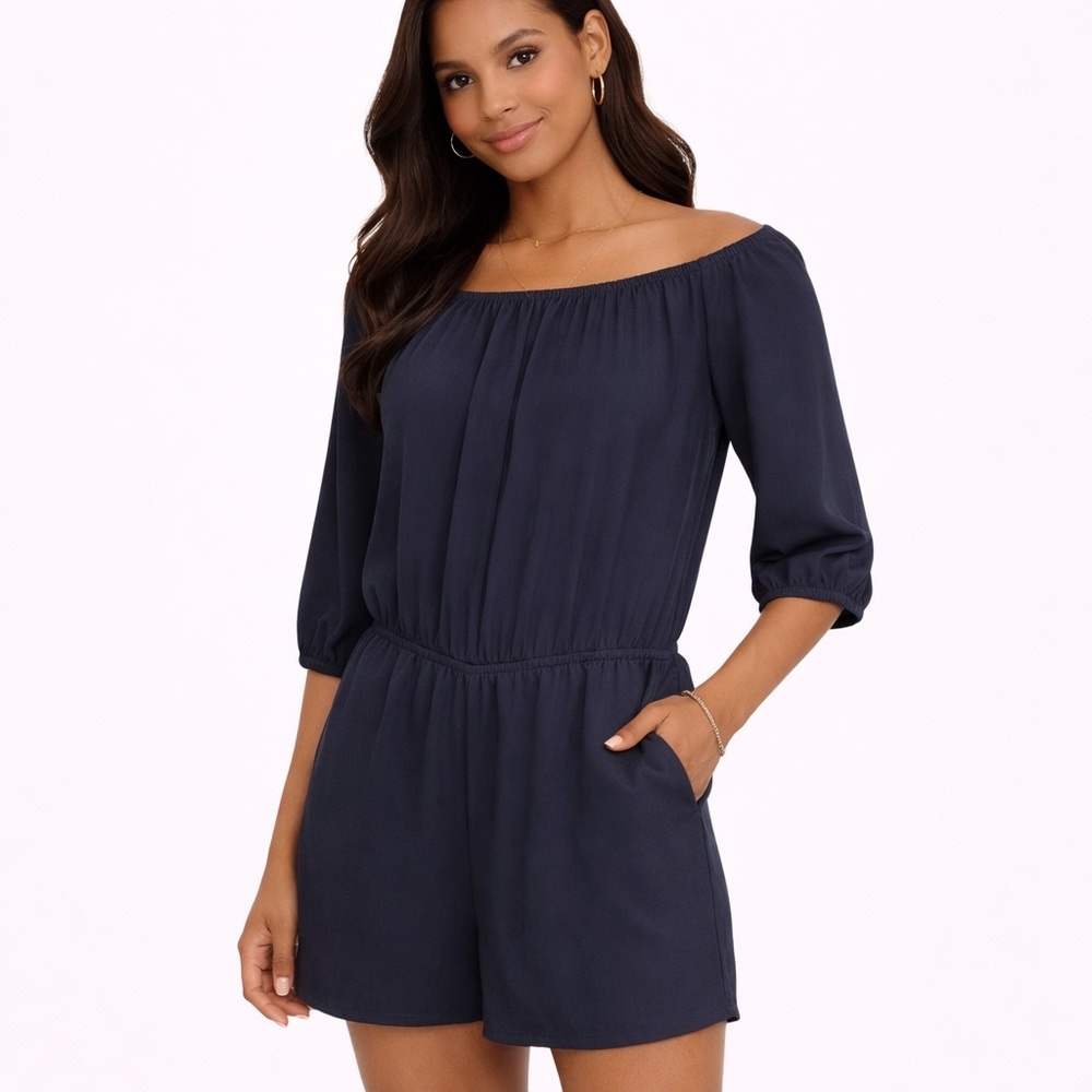 New York & Company Off-the-Shoulder 3/4 Sleeve Romper Shorts XS Navy Blue